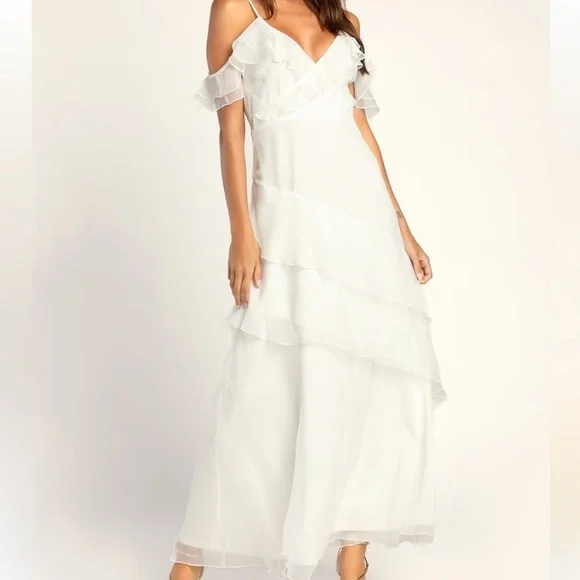 Lulus | Dresses | Lulus Radiant In Ruffles White Ruffled Cold Shoulder Maxi  Dress Xl | Poshmark